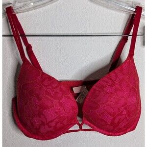 Victorias Secret Bra Womens 34D Red Pink Lace Plunge Underwire Push Up (451)